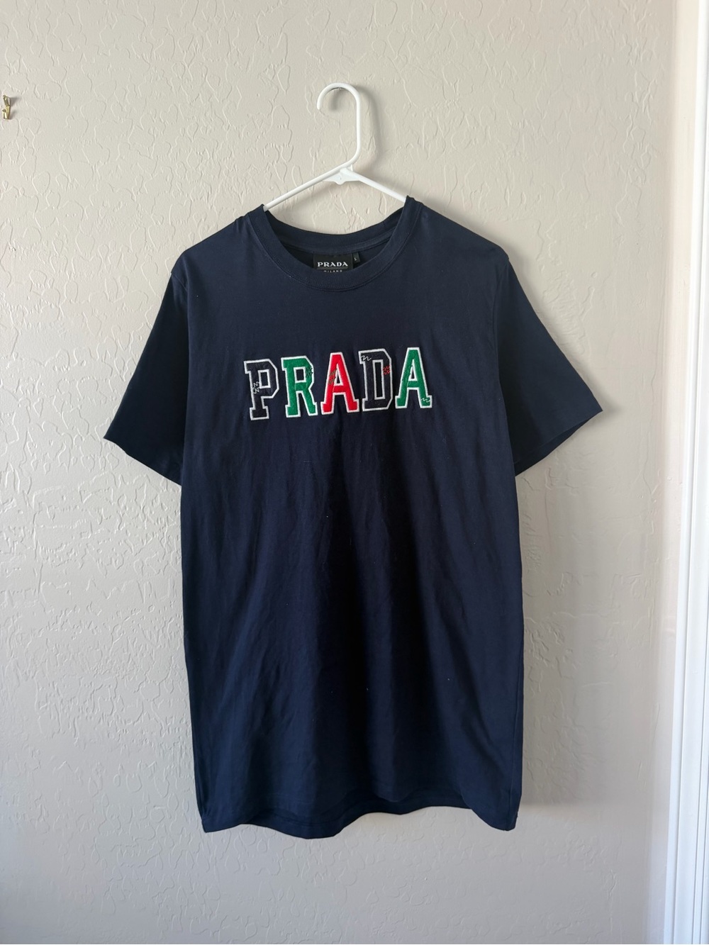 Prada Milano spellout Navy Logo Crew Neck T-Shirt size large made in Italy